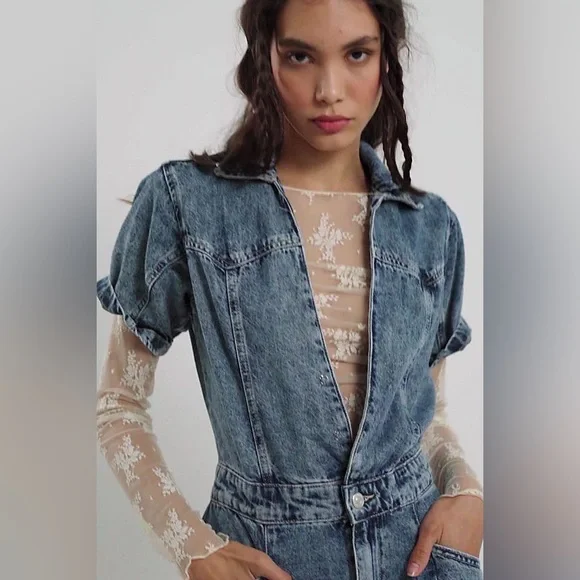 NEW Free People/ We The Free Trouser Jumpsuit Womens Large Denim Utility - Picture 3 of 10